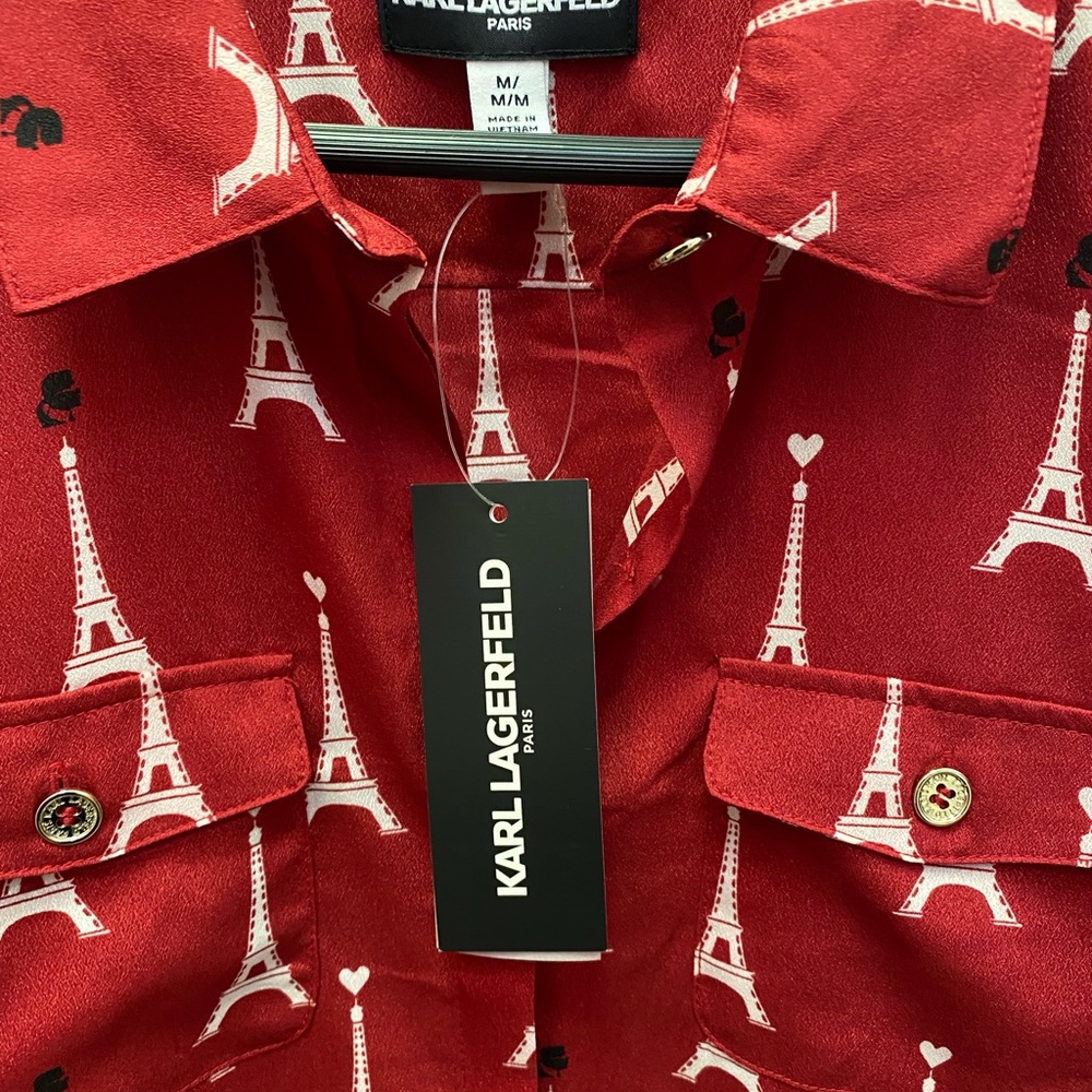 NWT Karl Lagerfeld Paris red graphic print blouse size medium